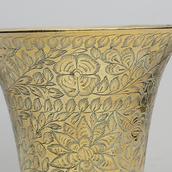 Etched Solid Brass Vintage Vase with Engraved Floral Designs 5.25" - Picture 12 of 15
